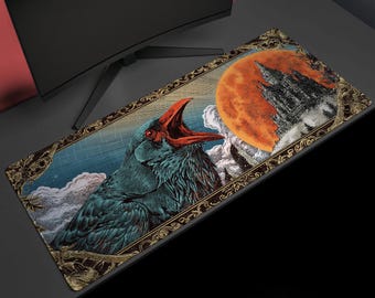 Crimson Moon Caw, Desk Mat, Gothic Raven Artwork by Wekx