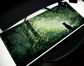 Black Cat Forest Desk Pad: Gothic Storybook Mousepad