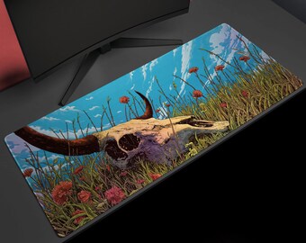 Prairie Relic, Desk Mat, Floral Skullscape Artwork by Wekx