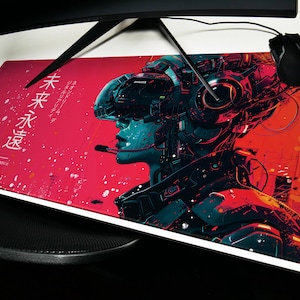 Cyberpunk Desk Pad: Red Interface, Tech Noir, Asian Fusion, Cybernetic Vision image 6