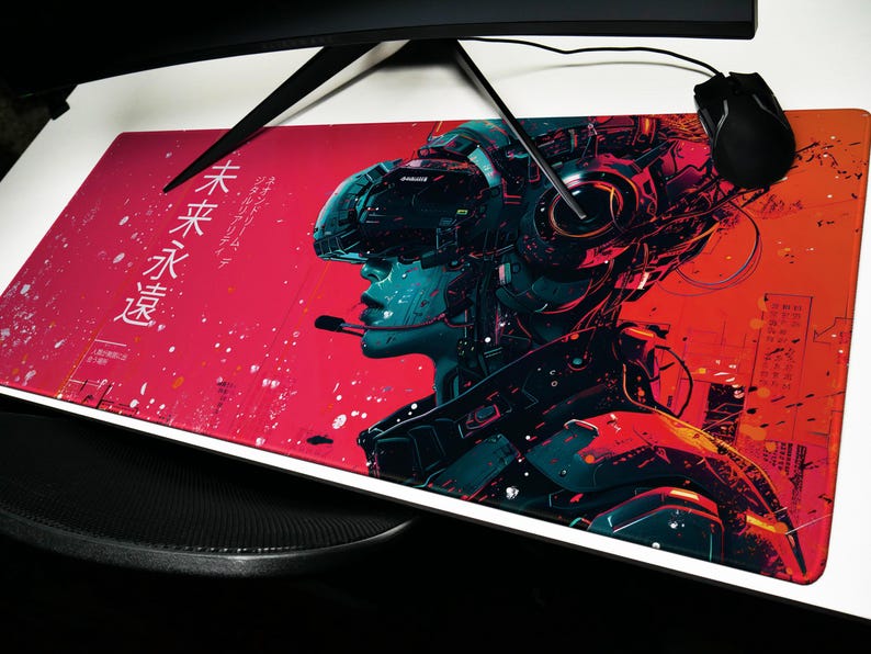 Cyberpunk Desk Pad: Red Interface, Tech Noir, Asian Fusion, Cybernetic Vision image 6