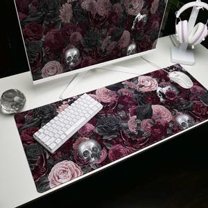 Gothic Floral Skull Mouse Pad: Burgundy Desk Mat for Gamers