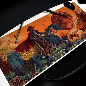 May include: A dark-haired man in a red cape rides a skeletal horse through a graveyard. The scene is set against a backdrop of a large, red moon and a cloudy sky.