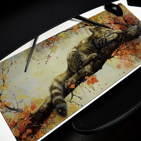 Autumn Slumber Design 1, Desk Pad, Mouse Pad, Desk Mat, Tranquil Feline, Seasonal Harmony, Artistic Elegance