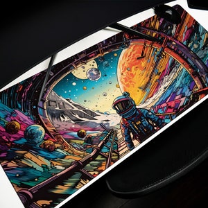 May include: A colorful astronaut walks on a path through a space-themed landscape. The astronaut is wearing a blue and white spacesuit with a helmet. The background features a large orange planet, a blue planet, and a starry sky.