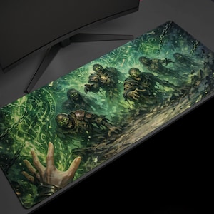 May include: A rectangular mouse pad featuring a fantasy scene with zombies and a reaching hand. The artwork is predominantly green and brown, with a detailed illustration of undead figures emerging from a mystical environment. The pad is designed for computer use.