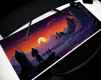 May include: A fantasy-themed mousepad with a scenic landscape of mountains and a large moon in the sky.  Three figures in dark robes are walking across the landscape.