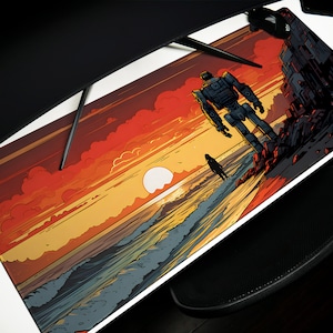 Towering Robot, Mouse Pad, Desk Mat, Desk Pad: Post-Apocalyptic Sunset, Alien Beach, Futuristic, Solitude Design 1