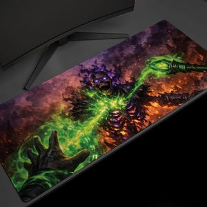 May include: A rectangular mouse pad featuring a fantasy illustration of a skeletal figure with purple and green accents. The artwork depicts a skeleton conjuring green energy, with a fiery background. The mouse pad is designed for gaming.