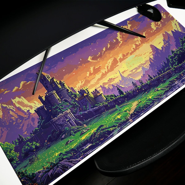 Enchanted Realm Design 4, Desk Pad, Mouse Pad, Desk Mat, Majestic Stronghold, Sunset Citadel, Pixelated Paradise