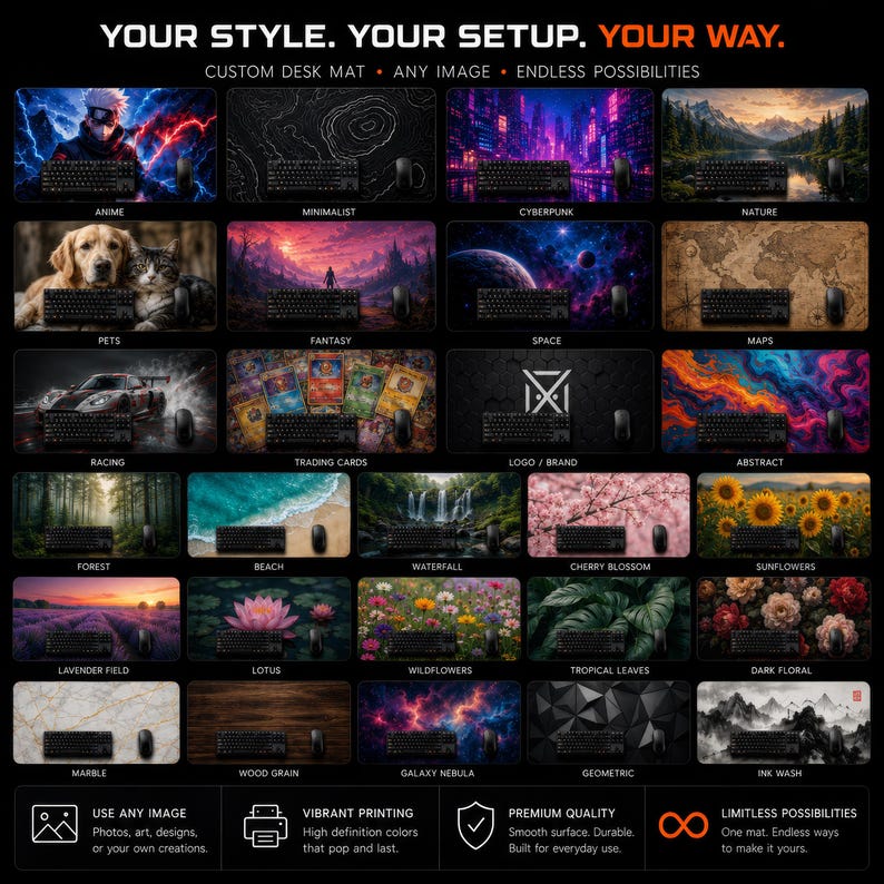 May include: A rectangular custom desk mat display featuring thirty distinct graphic design options, including landscapes, animals, abstract patterns, and textures. The top text reads: YOUR STYLE. YOUR SETUP. YOUR WAY. CUSTOM DESK MAT. ANY IMAGE. ENDLESS POSSIBILITIES.