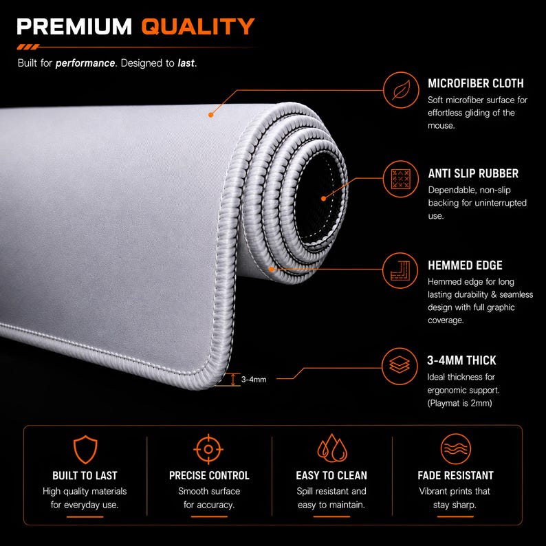 May include: A light gray mouse pad with a soft microfiber surface, anti-slip rubber backing, and a durable hemmed edge. The product features a thickness of 3-4mm. Text on the image includes PREMIUM QUALITY, Built for performance, Designed to last.