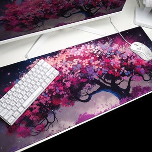 Kawaii Cherry Blossom Tree Mouse Pad & Desk Mat, Pastel Colors, Whimsical Design, Tranquil Scene, Perfect for Spring Lovers Design 1