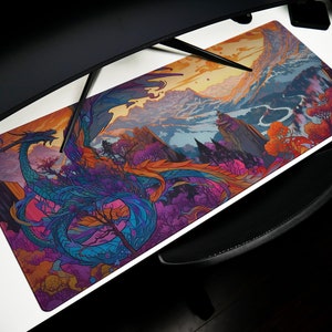 May include: A colorful mousepad featuring a detailed illustration of a dragon with purple, blue, and green scales, set against a backdrop of a mountain range with a sunset sky.