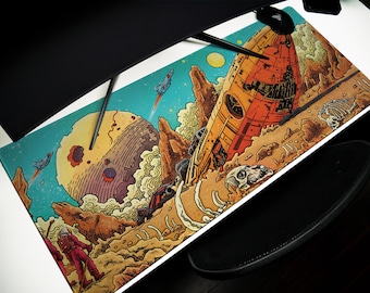 Retro Sci-Fi Desk Pad: Crimson Wreckage, Alien Crash Site