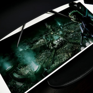 May include: A black and green gaming mousepad featuring a detailed cityscape with a futuristic design. A character with spiky green hair is on the right side. The mousepad is rectangular and designed for computer use.