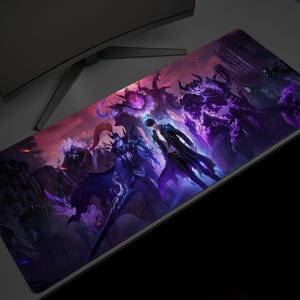 May include: A rectangular gaming mouse pad featuring a fantasy battle scene with figures in dark purple and blue hues. The artwork depicts a dramatic clash with a central figure in a black coat. The pad is designed for extended use.