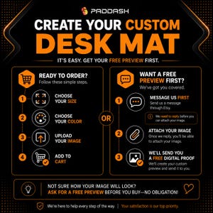 May include: A black and orange informational graphic titled CREATE YOUR CUSTOM DESK MAT. It outlines two paths: ordering directly by choosing size, color, uploading an image, and adding to cart, or requesting a free digital preview via Etsy messaging.