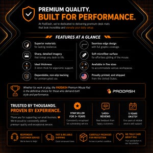 May include: A black and orange informational graphic for PadDash desk mats. It lists features including superior materials, seamless edges, microfiber surface, 3-4mm thickness, and non-slip backing. It highlights 1,400+ reviews and 5 years on Etsy.