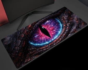 Cosmic Dragon Gaze, Desk Mat, Neon Fantasy