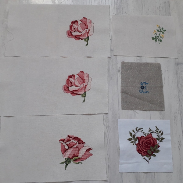 Lot de 6 broderies au point de croix - thème fleurs - fait main