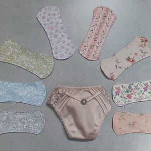 May include: An assortment of reusable cloth menstrual pads and a pair of beige satin underwear. The pads feature various floral and patterned designs in shades of pink, green, blue, and gray.