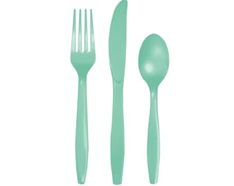 Fresh Mint Party Cutlery, 18pc Plastic Cutlery Set, Plastic Spoons Knives Forks, Disposable Cutlery, Birthday, Wedding, Shower, Hen Party