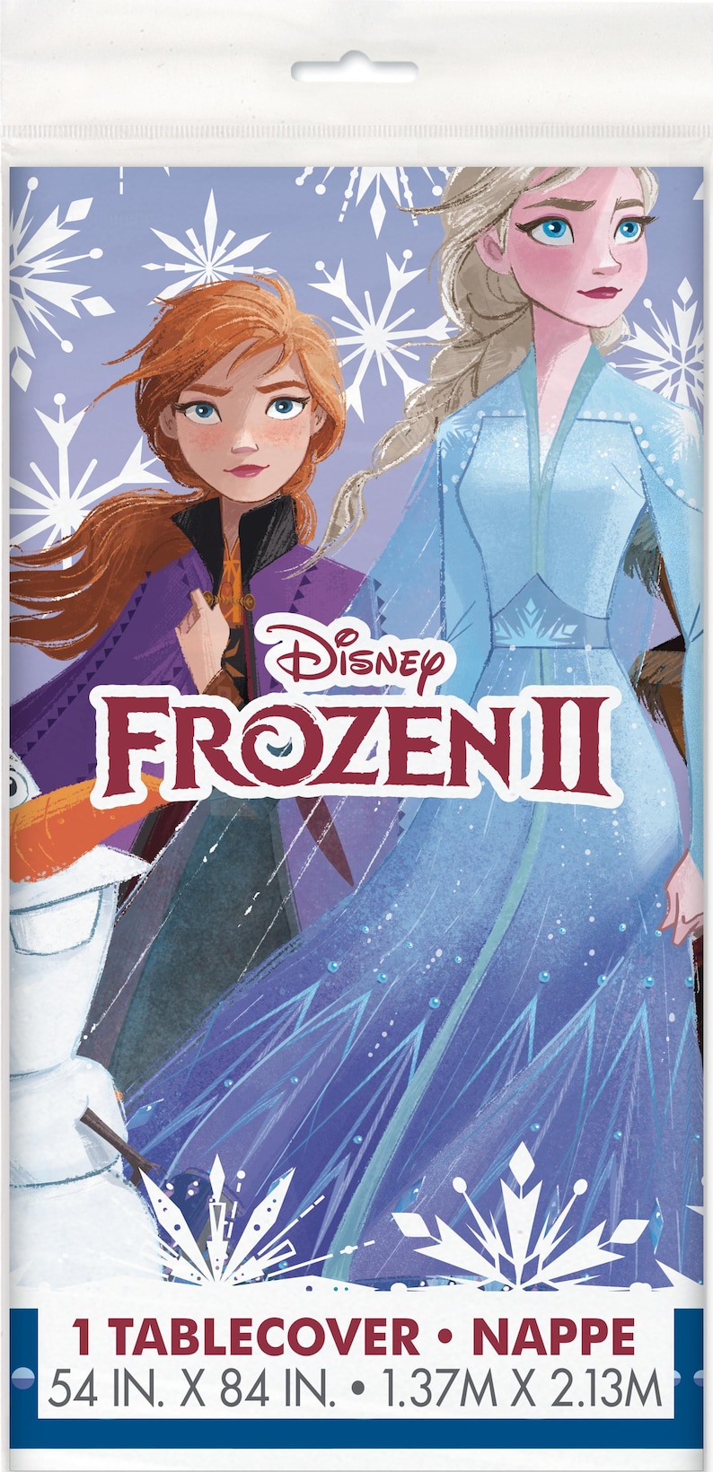 May include: A Disney Frozen II themed table cover. The cover features illustrations of Anna and Elsa, with snowflakes and the film's logo. The table cover measures 54 inches by 84 inches.
