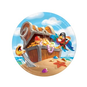 May include: Round paper plate featuring a cartoon pirate theme. The design includes a treasure chest overflowing with gold coins and jewels, a parrot, a sword, and a starfish on a sandy beach with a blue sky background.