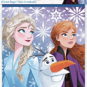 May include: Frozen II loot bags featuring Elsa, Anna, and Olaf. The bags have a blue and white snowflake background. The Disney Frozen II logo is at the top, with the text "8 Loot Bags &bull; Sacs &agrave; cadeaux".