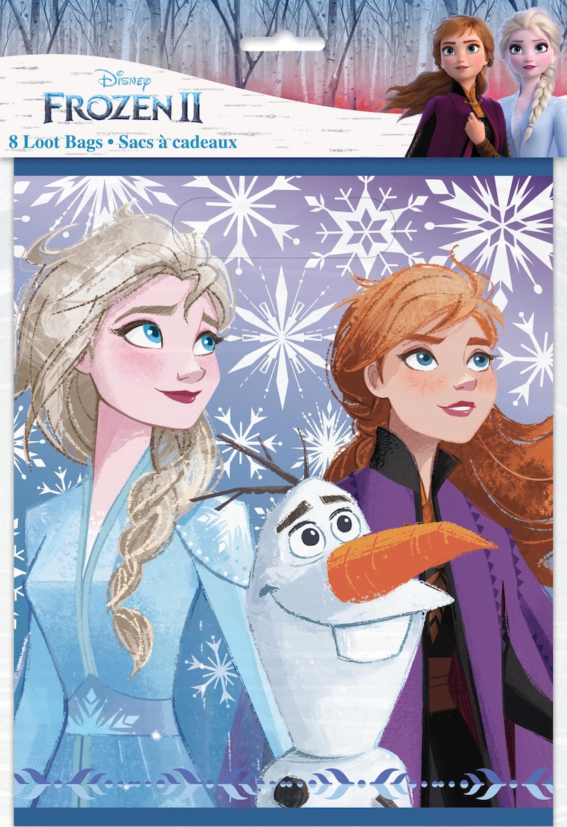 May include: Frozen II loot bags featuring Elsa, Anna, and Olaf. The bags have a blue and white snowflake background. The Disney Frozen II logo is at the top, with the text "8 Loot Bags &bull; Sacs &agrave; cadeaux".