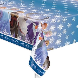 May include: A blue plastic tablecloth featuring characters from the animated movie "Frozen." The tablecloth has a snowflake pattern and images of Elsa, Anna, Olaf, and Kristoff. The border is a dark blue with white accents.