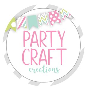 May include: A circular logo with the words "PARTY CRAFT" in pink, and "creations" in light blue. The logo is surrounded by a gray circle and a banner of colorful pennants in pink, green, and blue.