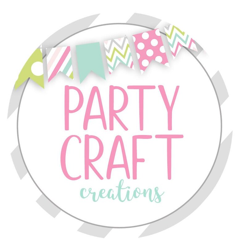 May include: A circular logo with the words "PARTY CRAFT" in pink, and "creations" in light blue. The logo is surrounded by a gray circle and a banner of colorful pennants in pink, green, and blue.