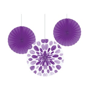 Amethyst Paper Fan Decorations, Set of 3 Honeycomb Tissue Paper Party Fans, Paper Flowers, Paper Rosette Fan, Wall Decor, Paper Pinwheel
