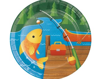 Camp Out 7 Inch Party Plates, Fishing Birthday Party Supplies, Fish Theme Party Decorations, Kids Celebration Decor