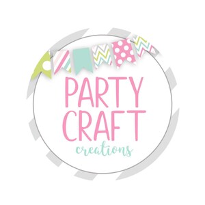 a circular logo with the text "PARTY CRAFT creations" in pink and teal colors.