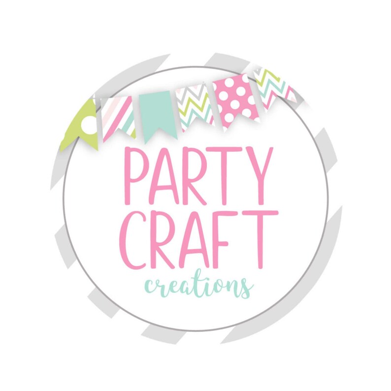 a circular logo with the text "PARTY CRAFT creations" in pink and teal colors.