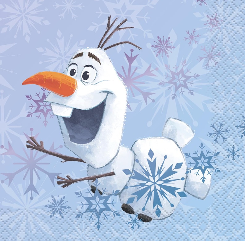 May include: A white cartoon snowman with a carrot nose, stick arms, and a big smile. The snowman is set against a light blue background with various snowflakes. The snowman's body has a large snowflake design.