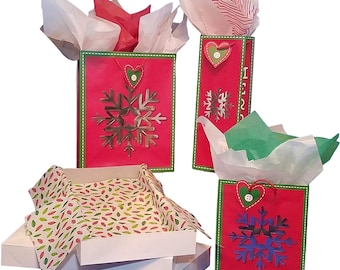 Christmas Gift Bags, Snowflake Design, Coordinating Tissue Paper,  Shirt Gift Boxes, Elegant Christmas, Holiday Gift Wrap, Holiday Bags