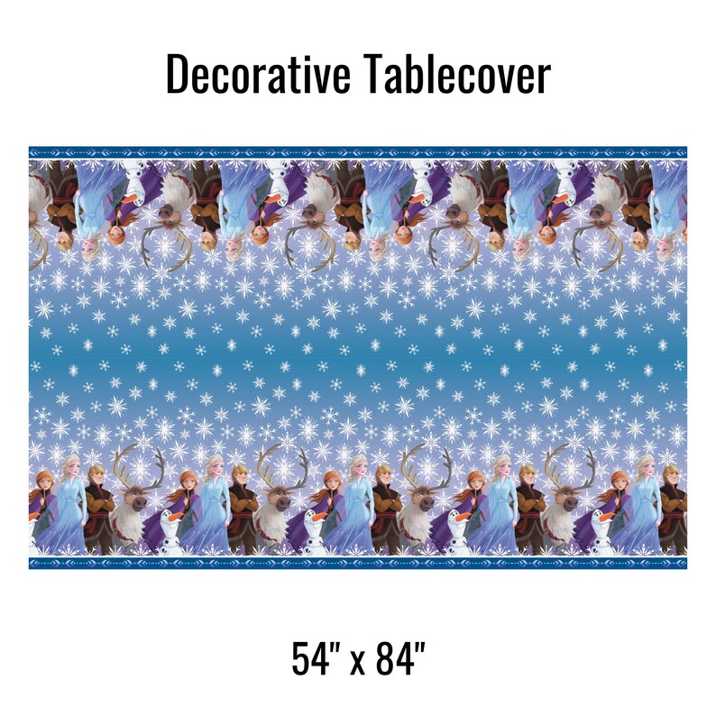 May include: Decorative table cover featuring characters and imagery from a popular animated film. The blue tablecloth has a snowflake pattern and measures 54 x 84 inches. The text "Decorative Tablecover" is at the top.