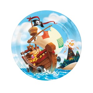 May include: A round paper plate featuring a cartoon pirate ship sailing on blue water. The ship is brown with a white and red sail, a black flag with a skull and crossbones, and a treasure chest. A volcano erupts in the background.