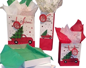 Christmas Gift Bags, Truck with Tree Design, Coordinating Tissue Paper,  Shirt Gift Boxes, Rustic Christmas, Holiday Gift Wrap, Holiday Bags