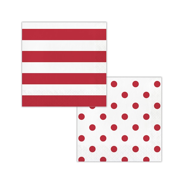 Party Napkins | Dots and Stripes | Red Stripe with Red Polka Dots Lunch Napkins | Reversible | 16 Premium Quality Paper Napkins