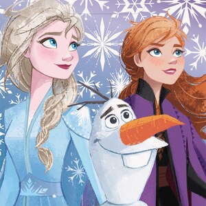 May include: Illustration featuring Elsa, Anna, and Olaf from the movie Frozen. Elsa is in a blue dress with a side braid, Anna in a purple cape, and Olaf the snowman with a carrot nose. The background has snowflake designs.