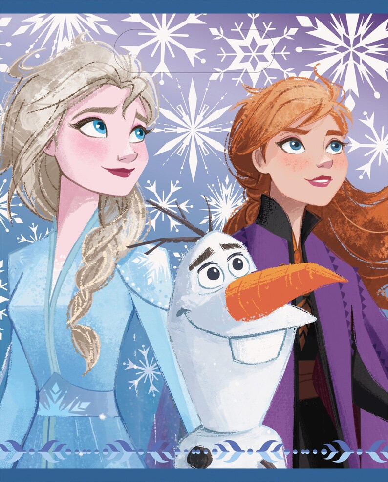 May include: Illustration featuring Elsa, Anna, and Olaf from the movie Frozen. Elsa is in a blue dress with a side braid, Anna in a purple cape, and Olaf the snowman with a carrot nose. The background has snowflake designs.