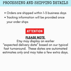 May include: Text on a white background reads "PROCESSING AND SHIPPING DETAILS" and includes bullet points about order shipping and tracking information. A red rectangle with "ATTENTION" is above "PLEASE NOTE" and a message about Etsy delivery estimates.
