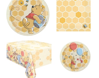 Winnie the Pooh Party Supplies Bundle Serves 8, Pooh Bear Birthday Decorations, Kids Party Decor Set, Baby Shower Plates Napkins Tablecover