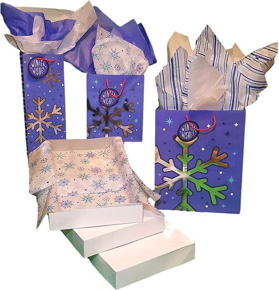 Christmas Gift Bags, Blue Snowflake Winter, Coordinating Tissue