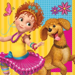 May include: A cartoon illustration of a young girl in a yellow dress and pink tutu, with a brown dog. The girl has red curly hair and a tiara. A pink butterfly and flowers are also in the image. The background is yellow and blue.